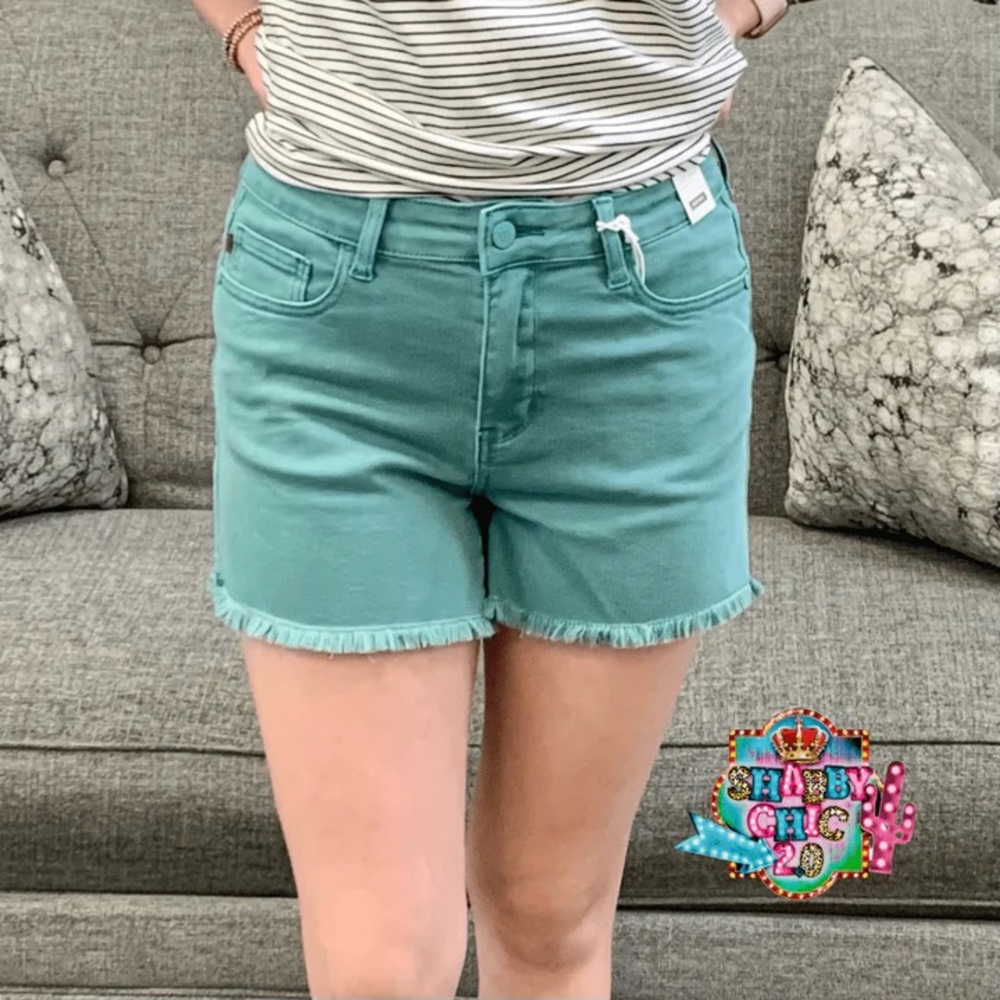 Judy Blue High Rise Stretch Sea Green Frayed Hem Denim Shorts Sz2XL 18-20